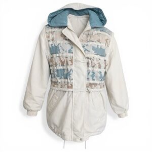 Vintage IZZI Hooded Winter Coat Patchwork Design Beige Blue Women’s Small